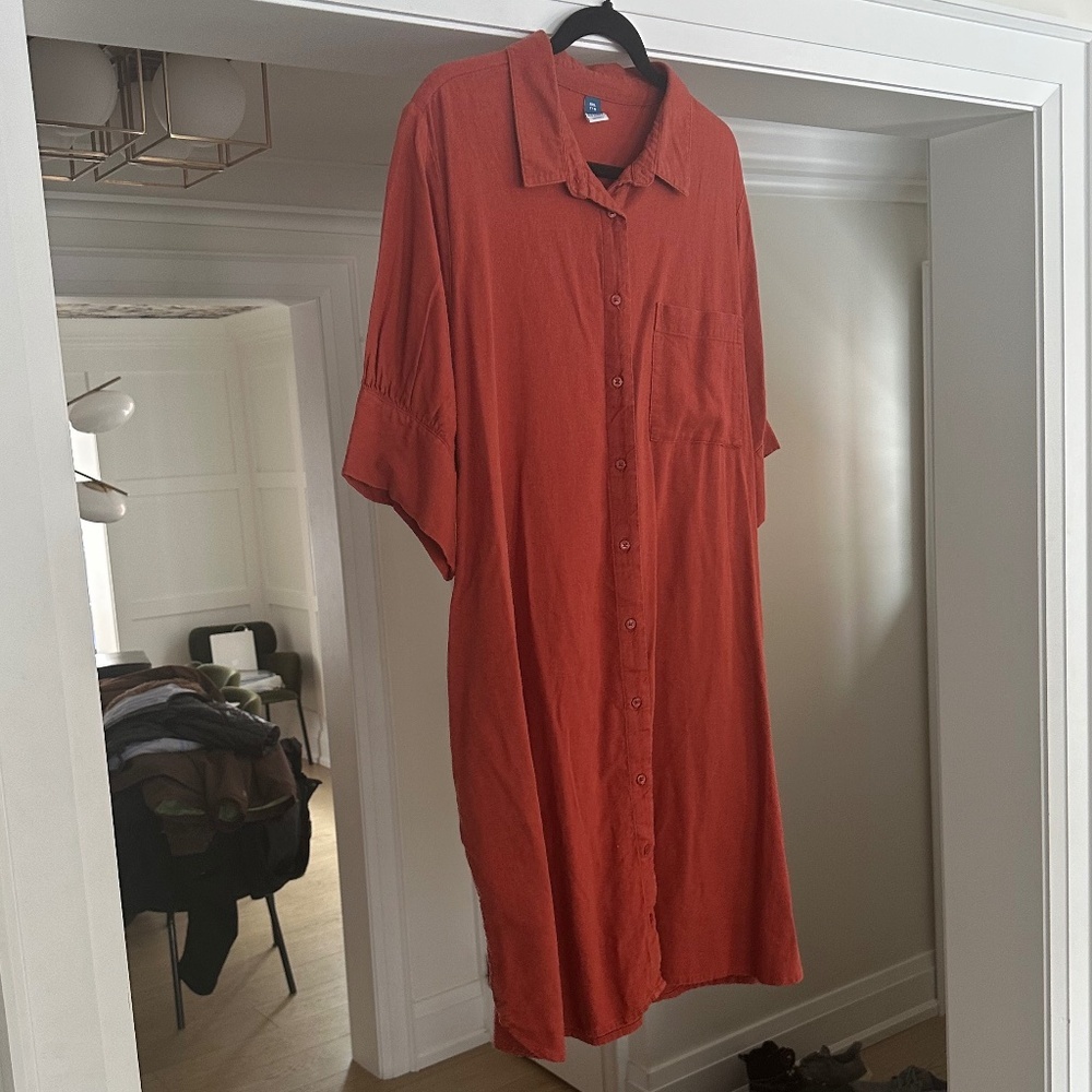 OLD NAVY - Burnt Red Linen Blend Short Sleeved Shirt Dress / Tunic - Picture 2 of 12